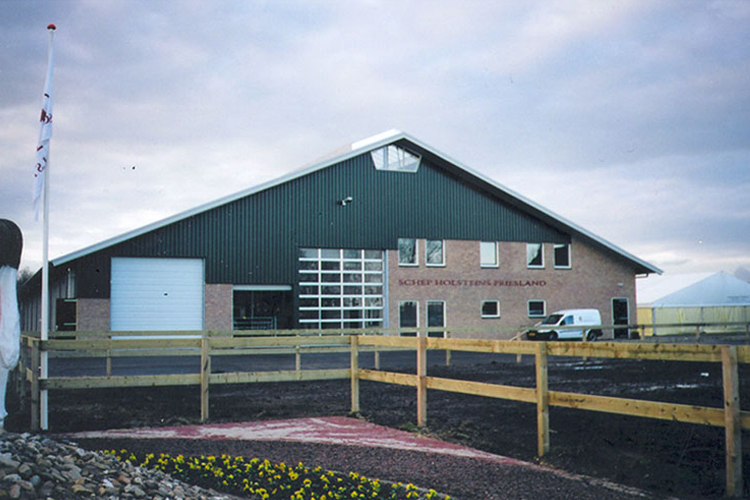 Front view of Schep Holsteins dairy cow barn in the Netherlands